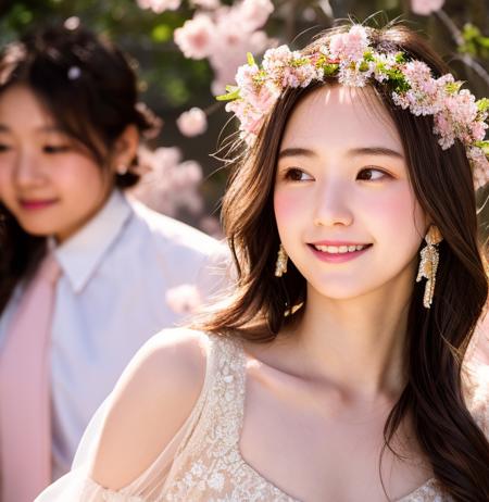 1girl, 20yo, 8k, RAW photo, best quality, masterpiece, realistic, photo-realistic, backlights, cinematic lights, light on face, detailed face, cowboy shot, sheer dress, cherry blossoms garden, flower crown, earrings, (smile and sleepy and tired)