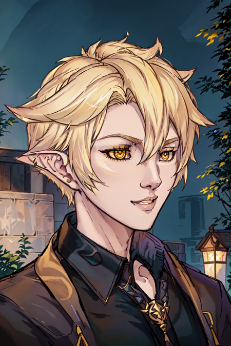 Duskfallcrew Art Style, 1boy, male focus, solo, asian features, short hair, blonde hair, short hair, fluffy hair, shirt, jewelry, yellow eyes, earrings, parted lips, teeth, pointy ears, elezen, collared shirt, black shirt, piercing, ear piercing, portrait, outdoors, masterpiece, official art, best quality, absurdres , <lora:DuskArtV7:0.8>