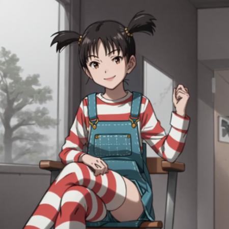 masterpiece, best quality, uran, 1girl, twintails, shadowy, striped thighhighs,  overalls, dim light, smile, crossed legs,  <lora:pluto_uran-000016:0.7>