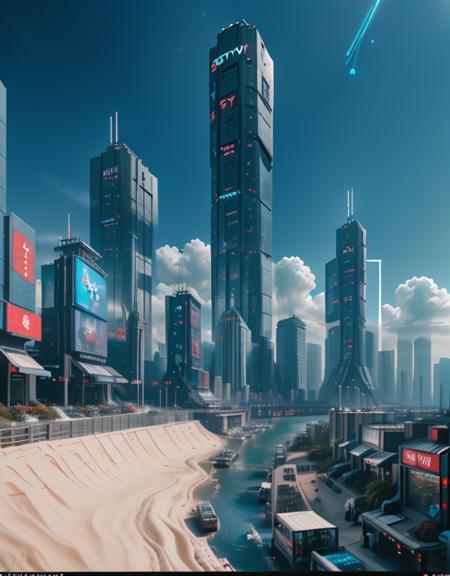 <lora:CW_03_lunis_sdv2:1.0> lunisdst.  This photo captures a stunning futuristic cityscape bathed in daylight, under a clear blue sky with scattered clouds. On the left, a sandy slope borders a sleek highway where modern vehicles travel in neat lanes. Adjacent to it, a monolithic white structureâpossibly a futuristic mall or transport hubâstretches along the ridge.
The scene descends into a bustling city with towering skyscrapers, many adorned with neon signage and digital billboards. A wide river flows through the middle of the city, lined with high-rise buildings and dotted with boats, adding a dynamic layer of urban life. The right side of the image is dominated by ultramodern towers glowing with red and blue lights, evoking a cyberpunk aesthetic. The entire atmosphere is enhanced by faint reflections or holographic overlays, lending a sci-fi, almost extraterrestrial vibe to the landscape. On the side, there is a large portion of almost white shiny sand dunes and with the wind, a part of the sand is covering some of the city and its roads. Some buildings are built in the sand dunes and their glass structure reflect both with the sand and sky. From side.