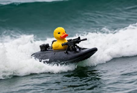 beautiful photo of a tiny, military rubber ducky in an action shot close-up, surfing the waves, intricate details, military guns, special forces duck. Navy Seals, Special Operator, combat duck