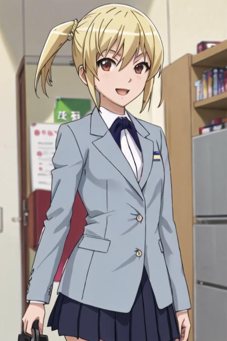 best quality, masterpiece, highres, solo, {otosuna_mihari_mangakasantoassistantsanto:1.15}, blonde_hair, short_hair, open_mouth, brown_eyes, red_eyes, 1girl, looking_at_viewer, school_uniform, side_ponytail, blazer, jacket, smile