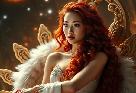Stunning portrait of the beautiful Queen of the Cosmos, with Asian skin, sitting on an Etheral Throne, ((Gorgeous Long Curly Red Hair:1.1) ), Use warm tones and soft lighting, galaxy background