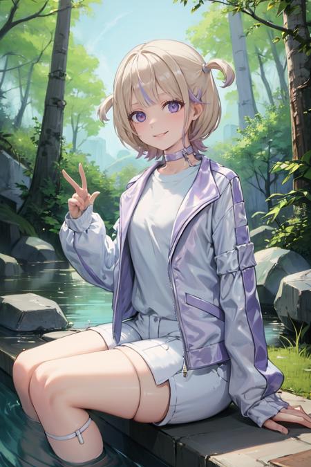 masterpiece, best quality, absurdres, HajimeBase, choker, white jacket, long sleeves, white shirt, white shorts, sitting, outdoors, stone, forest, river, smile, <lora:TodorokiHajime:1>