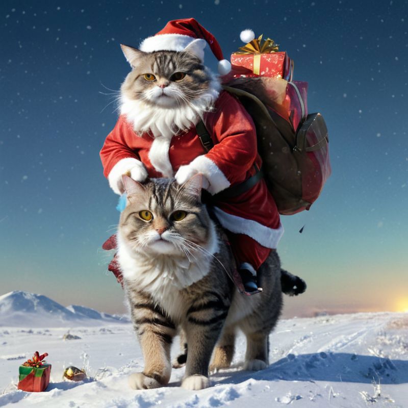 A cute cat dressed as Santa Claus on top of another cat, both standing in the snow.