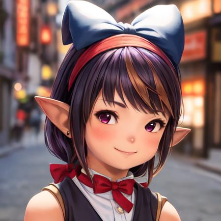 ((best quality)), ((masterpiece)), ((realistic)), (detailed),  1girl, solo, , (close-up portrait), high detail, brown nose, dark purple pleated skirt, hairband, dark purple vest, asymmetrical bangs, (dark blue hair color), looking at viewer, bare shoulders, red eye color, medium sharp bob hair, hair ornament, fake animal ears headband, wrist cuffs with bows, closed mouth, smiling, happy:0.5, tanned skin, magic, dynamic pose in a city street at night, absurdres <lora:lalafell_v1.5:0.8>