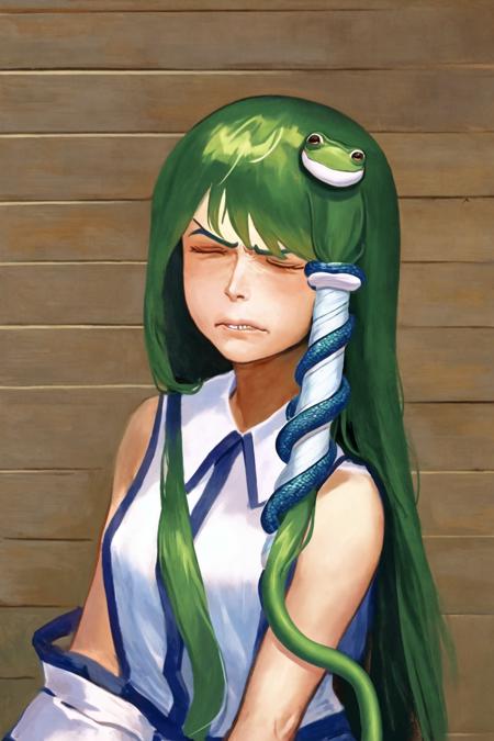 amb, 1girl, biting, closed eyes, faux traditional media, fine art parody, frog hair ornament, frown, green hair, hair ornament, hair tubes, long hair, parody, shirt, sleeveless, snake, snake hair ornament, solo, texture, white shirt, kochiya sanae <lora:amibazh_v7-000012:1>