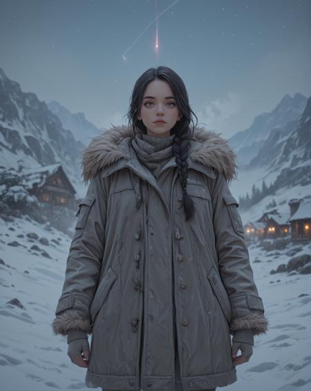 (1 Gorgeous female:1.2). She is a Petite pretty Ice Age female standing in the snow. She has Braided hair and is Looking away from viewer. Wearing oversized fur jacket. Highly detailed beautiful expressive eyes. Vast open view in the background, (Fog, snowy plains. glaciers, and tribal village:1.3). Cold, freeze, frozen tundra. Starry sky. (Comet moving through the sky:1.4). Photorealistic, Natural atmospheric lighting, intricate details, 35mm photograph, film, professional, 4k visuals, highly detailed, elegant, studio quality.