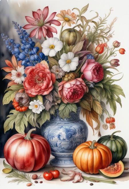 Art by Joachim Beuckelaer, vintage watercolor, white background. A vase of autumn flowers and a single pumpkin at the bottom. Rich colors, detailed painting, Watercolor, trending on artstation, sharp focus, studio photo, intricate details, highly detailed, by greg rutkowski