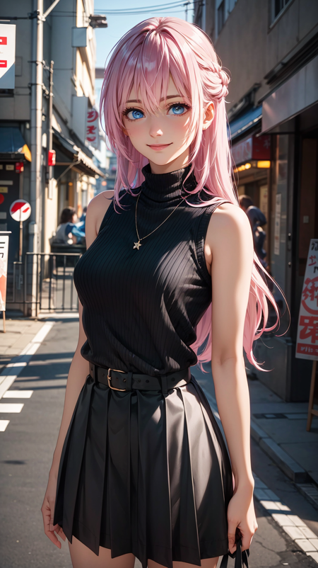 (best quality:1.1), (masterpiece:1.2), high quality shadow, beautiful detailed, (high detailed skin, skin details), (wide landscape, 8k), beautiful face, detailed eyes, depth of field, dramatic light, best quality, highres, best shadow, best illumination, shikimorisan, 1girl, pink hair, long hair, blue eyes, hair between eyes, bangs, breasts, smile, sweater, turtleneck sweater, sleeveless, necklace, skirt, pleated skirt, black skirt, black belt, outdoors, tokyo, street,  <lora:shikimorisanv3:0.7>