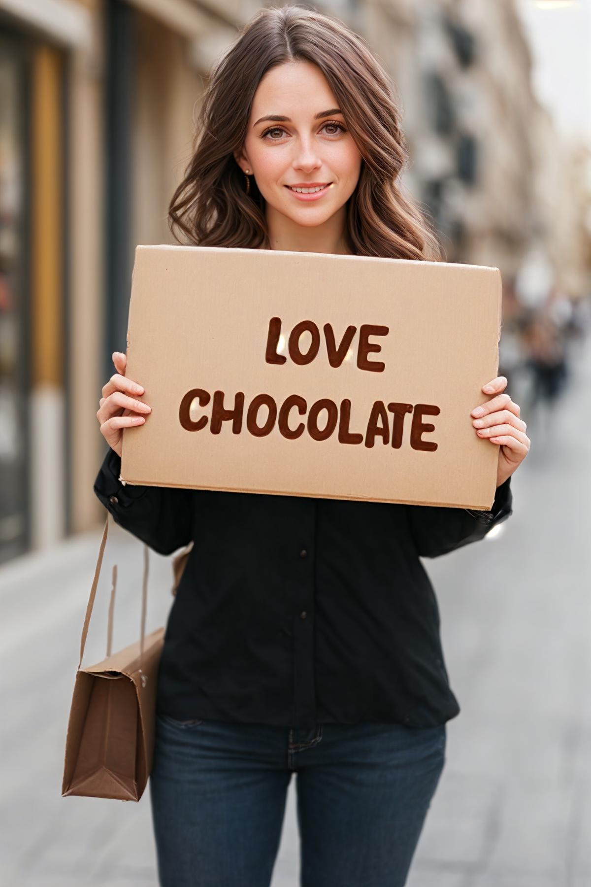 A woman holding a cardboard box with the words "Love Chocolate" written on it.