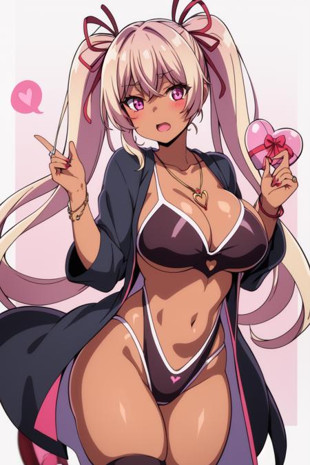 <lora:DakiniV1:0.78>
dakini
((best quality)), ((masterpiece)), (detailed) 1girl
1girl, blowing_kiss, blush, collarbone, dark-skinned_female, dark_skin, gyaru, hair_ribbon, heart, heart_background, heart_balloon, heart_necklace, heart_pillow, holding, jewelry, long_hair, necklace, open_mouth, pink_eyes, pink_hair, ribbon, solo, spoken_heart, twintails, valentine