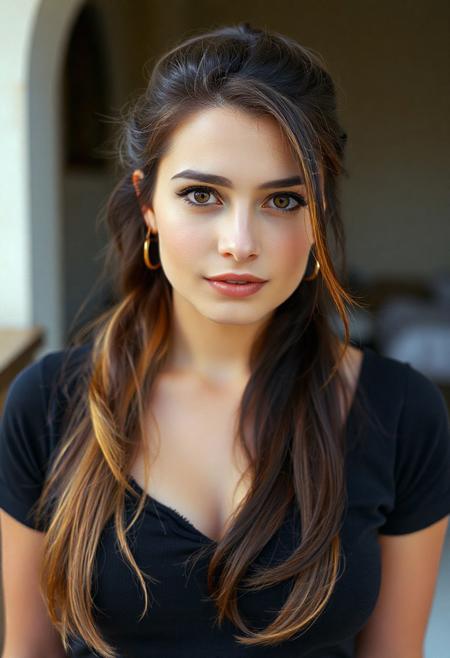 An armenian woman with brunette hair in a long ponytail with golden purple and orange tips,  ,portrait shot from the front, 85mm, velvia. The photo should be extremely detailed, and in RAW photo format. 44d bust, boob focus, 1993, 90s home video, nostalgic 90s photo, taken with kodak disposable camera