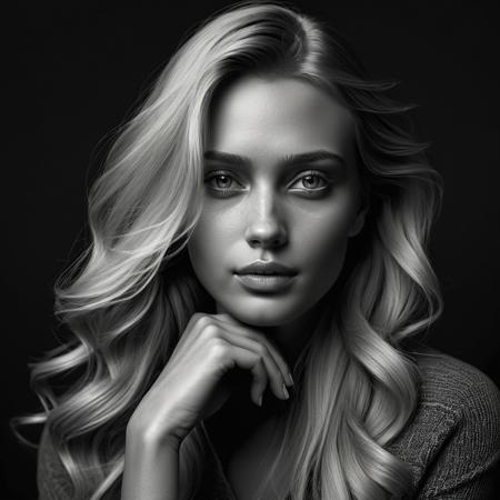 Create a high-resolution black-and-white portrait of a woman with long blonde hair, styled in a relaxed and natural way. The woman should be positioned slightly to the left, with her face angled towards the camera and her hand gently touching her chin. The background should be a plain, dark backdrop, allowing the focus to remain on her facial expression and features. The lighting should be soft and directional, highlighting the contours of her face and hair, while creating subtle shadows for depth and dimension.