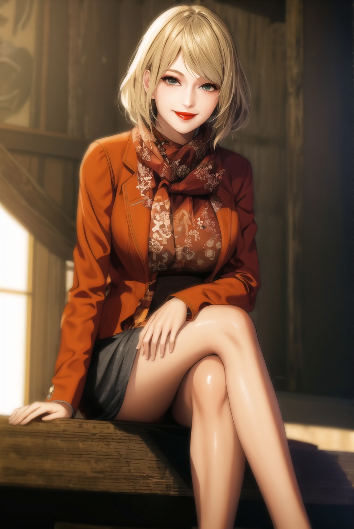 1girl, ashley-re4, blonde hair,looking at viewer,crossed legs,cowboy shot,sitting,red lips,smile