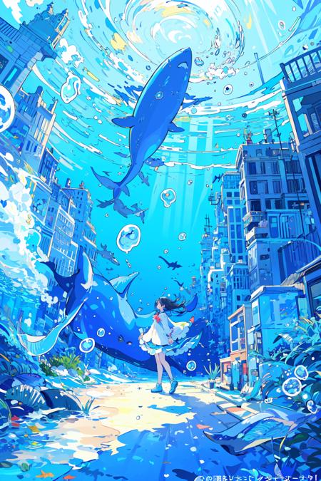 (masterpiece:1.2), best quality,PIXIV, 
fairy tale style, 1girl, bubble, blue theme, underwater, air bubble, whale, solo, building, shark, scenery, fish
 <lora:fairy tale style-000016:0.6>