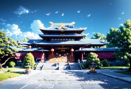 Conceptual art, hand-drawn drawings, East Asian architecture, scenography, architecture, scenery, east_asian_architecture, tree, bird, outdoors, no_humans, sky, stairs, day, cloud, shrine, stone_lantern, statue, lantern, blue_sky, building<lora:Scenography:1>