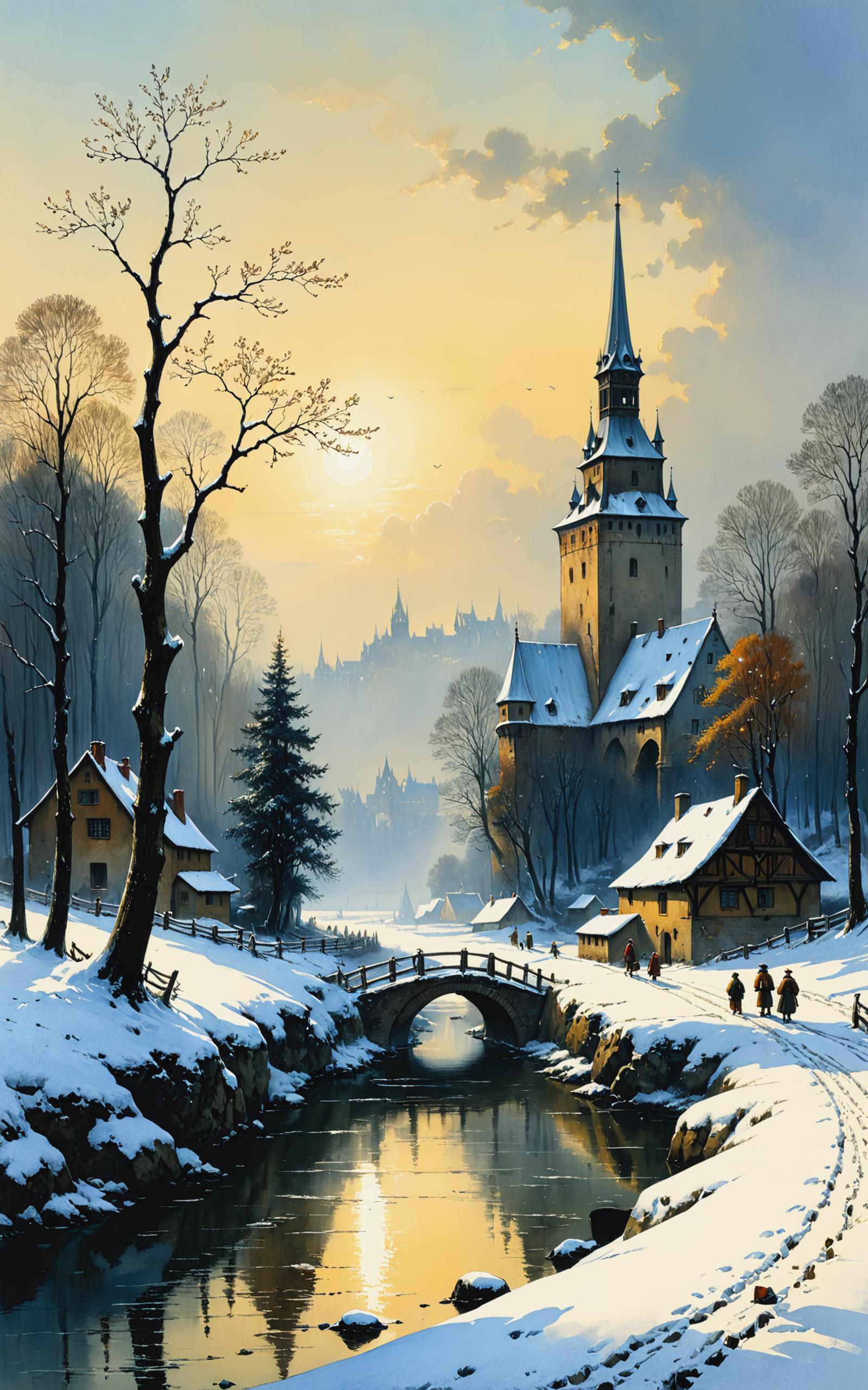 A painting of a winter scene with a bridge over a river, a castle, and a town