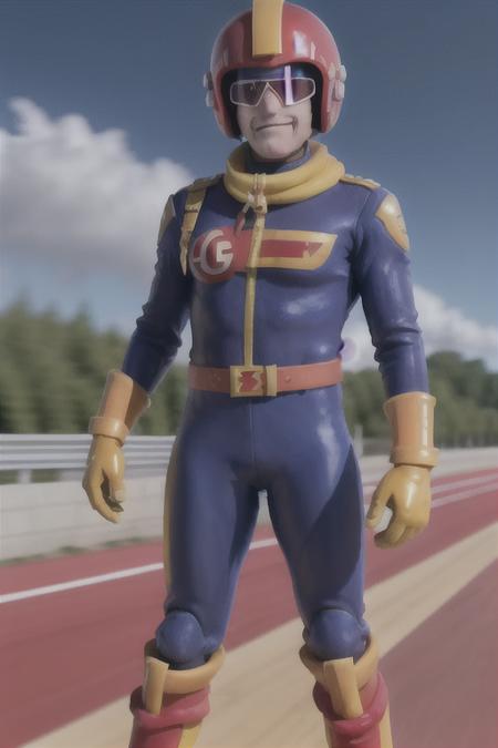 1man CaptainFalcon saluting on a race track, cars speeding by, red helmet, blue suit, yellow scarf, gloves, golden boots <lora:CaptainFalcon2:1>