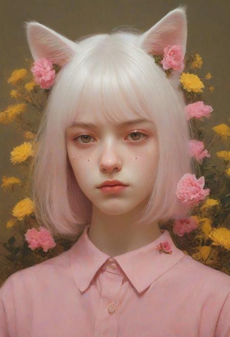 `white hair, shoulder-length hair, straight hair, 20 years old, catgirl, cat ears, cute, pale skin, blushed face, snub nose, flowers, collar, yellow theme, pink theme, digital artwork by Beksinski, portrait
