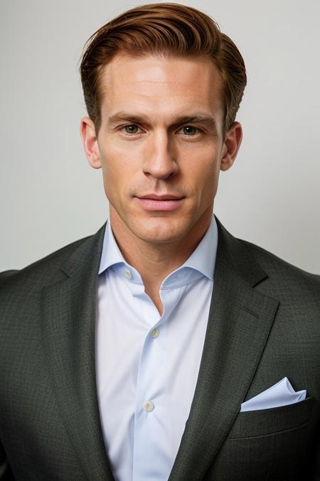 professional full body photo, photo of caucasian man in his 40's, Tall and imposing, broad shoulders, powerful physique, hints of age on face, sharp face, angular face, hawkish nose,high cheekbones. green eyes, bright red hair, ivy league haircut, impeccably dressed, bespoke suits. clean shaven.