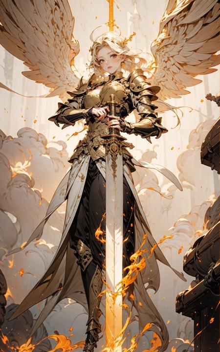 angel,Super powerful flame angel flies out of the clouds, behind him is golden meteor magic surrounding his body, Gothic style, gorgeous golden armor, huge flame great sword, rich background, sword art background, film shooting, depth of field, Super visual, Super visual ,
<lora:~Q?-]RQY'Y)OV2 angel:0.8>