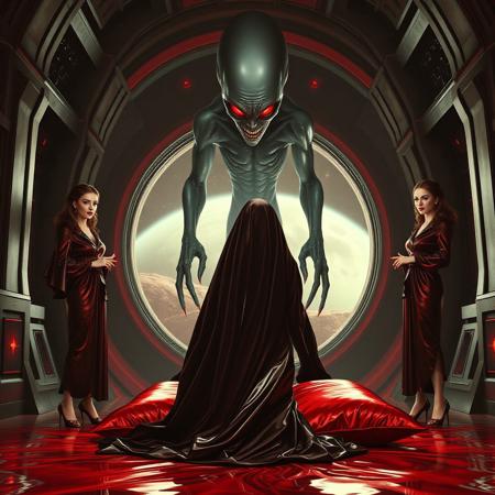 high-society elegant slender norvegian rich innocent young bride  kneeling  at weird red glossy foil pillow from behind. She is ensnared by a towering, gray human-like alien, draped in a long, glossy wet-look black slime cloak, its eyes gleaming red with an otherworldly intensity.  its hands put  slimy  mind parasyte  at her head. Surrounded by strict ladies wearing  glossy satin dominatrix attire and glossy high heels,  holding camdles.   weird wet-look black slime  walls and floor, colossus observation blister to outer space full of stars, bright red moon, vintage-inspired makeup, long hairs, ultra thin waist, evil grin, porcelain skin, lipstick, red nails, in the style of a haunting, retro-futuristic 1950s sci-fi nightmare, horror, alien space base,,