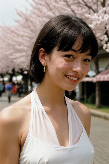 Casual clothes, white halter-top , photograph of a cute girl, cute hairpin, black hair, smiling, pale skin, freckles, blush, (topless:0), innocent, city spring festival, sakura petals in the air, Porta 160 color, shot on ARRI ALEXA 65, bokeh, sharp focus on subject, shot by Don McCullin, nsfw
