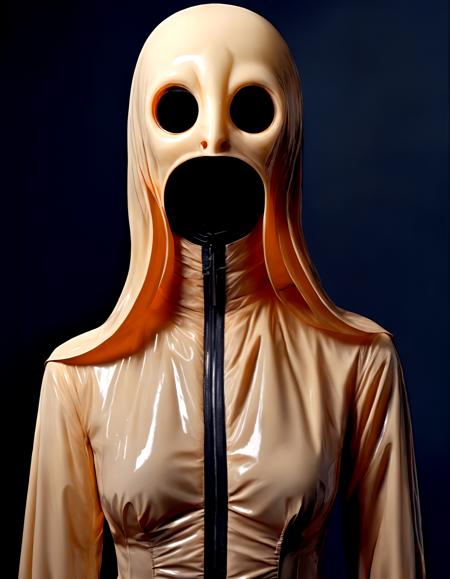 kinky she, wearing latex clothes, gothic horror portrait, Francis Bacon inspired, raw emotional style, distorted figure, existential dread, bold unsettling colors, abstract forms, eerie atmosphere,(detailed face:1.05), hyperrealistic, photorealistic