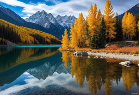 Canada 1. Rocky Mountains in Autumn Keywords: "majestic Rocky Mountains, 
autumn leaves, 
golden trees, 
snow-capped peaks, 
crystal clear lakes, 
reflections in water, 
vivid autumn colors, 
dramatic sky, 
landscape photography" Everything in the universe is full of brilliance, 
and at the center, 
the details of art, 
the essentials of these movements are the essence of the organization of existence. In the painting, 
nature is a vivid picture of gardens suspended in air, 
rivers suspended in water, 
and trees, 
not the radiance of light. The details of this scene are part of history itself, 
and the vibrant landscape is the master of visual art Panasonic Lumix S1R set to the highest resolution to capture the atmosphere, 
the 24-105mm lens sweeps through the tranquility, 
--chaos 30 --style raw --ar 3:4 --stylize 250 --weird 500 --quality 1 --v 6