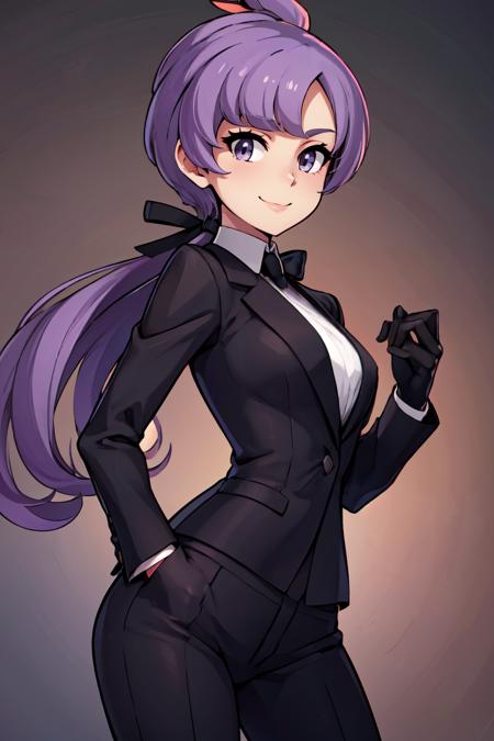 zzAnabel, purple hair, purple eyes, long hair, ponytail, ribbon, hair ribbon, bangs, black ribbon,  zzAnabel, purple hair, purple eyes, long hair, ponytail, ribbon, hair ribbon, bangs, black ribbon, black suit, formal, black tie, black gloves, 