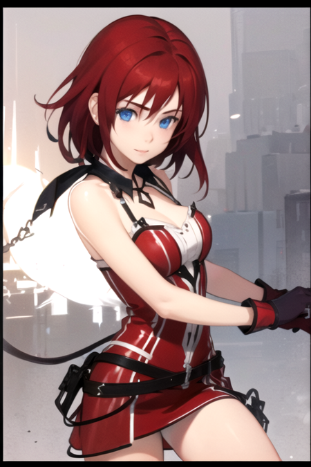 KairiValor, 1girl, solo, medium hair, blue eyes, red hair, gloves, red dress, 