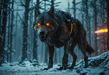 cyberpunk, distopic future, bladerunner 2049. very detailed and complex biomechanical wolf gazing at viewer, about to hunt, (night snow forest:1.5), sparking and intimidating amber eyes, (hunt position:1.5), bioluminicense wires, hard edges, opaque gray color, dirty, rusty, fangs, (intricate details:1.5), (detailed paw:1.2), (growling:1.5). Scify, otherworld, bladerunner 2049. (POV, frontal, medium shot), (Camera canon eos r6 mark ii, len 35mm, f1.6). Cinematic, cinematic lighting, dimsy lit, volumetric light. High-quality, hyperdetailed, intricate details, realistic, perfect composition, intriguing glowing eyes, 8K, UHD, HDR. easynegative