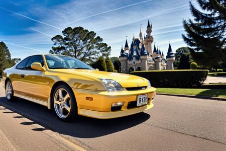 PRELUDE driving on a yellow brick road, wheels in motion, disney castle in background, disney style, ultra wide angle, kansas, beautiful flowers on the side of the road, masterpiece, award winning, dramatic lighting, sharp focus, smooth, intricate details, 8k wallpaper, trending on artstation     <lora:PRELUDE:0.8>