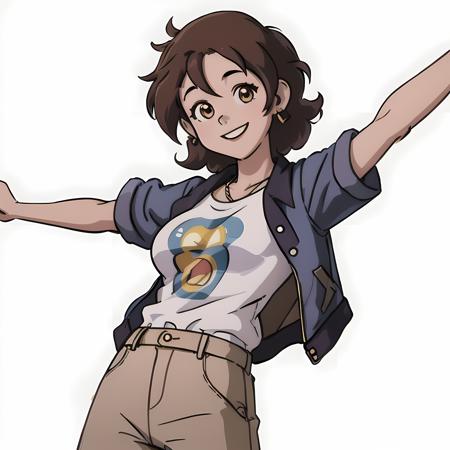 smiling, ((high resolution illustration)), ((extremely detailed)), (masterpiece), girl, big breasts, <lora:LuzandAmitySeason3:0.9>, simple background, (white background), luz with short brown curly hair , jacket, t-shirt, trousers