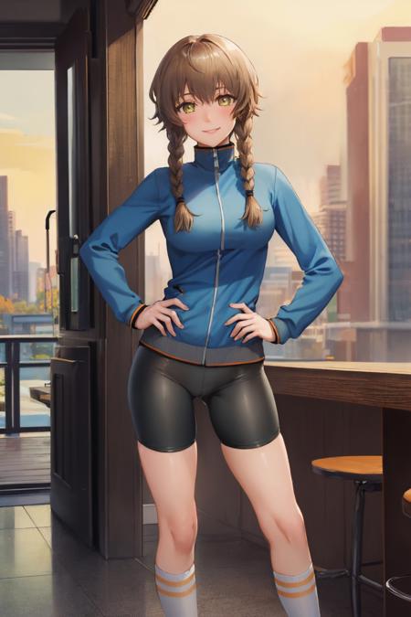 (masterpiece, best quality:1.2), solo, 1girl, amane suzuha, smile, looking at viewer, hand on hip, track jacket, bike shorts <lora:steinsgate_amane:1.0>