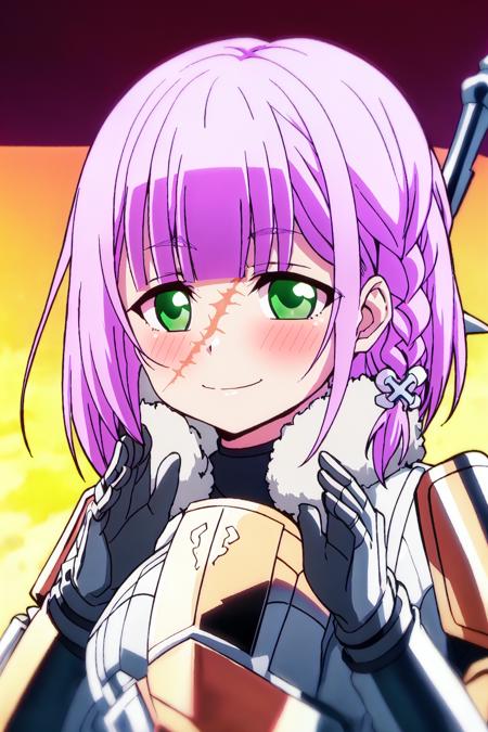 leo, 1girl, purple hair, short hair, green eyes, bangs, armor, smile, braid, weapon, hair ornament, blush, scar, looking at viewer, upper body
high quality, best quality, ultra detailed, masterpiece, big breast, detailed hands, <lora:EMS-52531-EMS:0.800000>