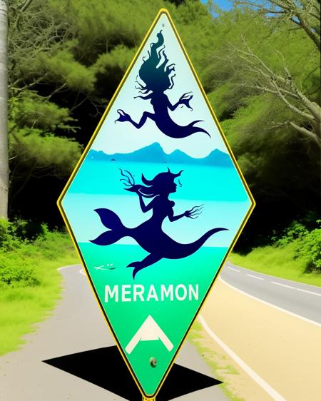 a photo of a road sign , Mermaid Lagoon:1.2, a fantastical sign pointing the way to a "Mermaid Lagoon," complete with mermaids swimming in crystal-clear waters. , road_sign