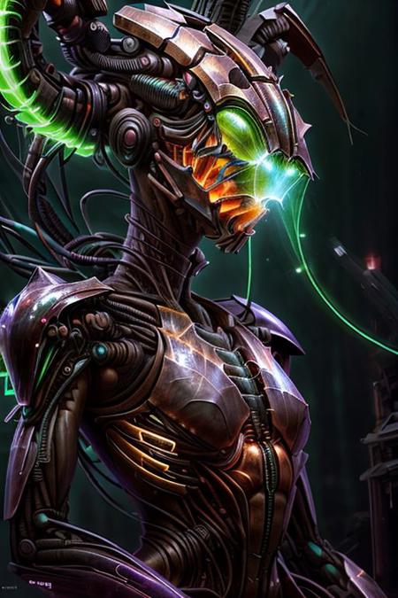 portrait of dark crab female person (long neck, slender arms)) massive headdress, bio armor, (luminesce green glowing) floating particles, insect textures, scifi,