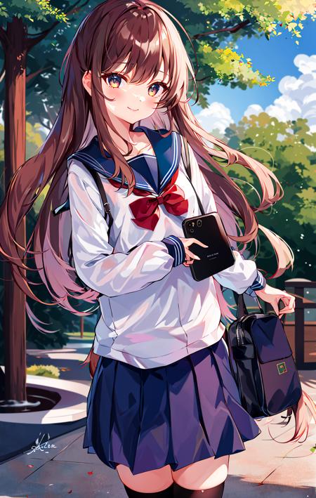 1girl, bag, bag_charm, bangs, black_legwear, blue_legwear, blue_sailor_collar, blue_skirt, blush, bow, bowtie, brown_eyes, brown_hair, cellphone, cellphone_charm, charm_\(object\), cloud, collarbone, dappled_sunlight, day, eyebrows_visible_through_hair, handbag, holding, holding_phone, kneehighs, long_hair, long_sleeves, looking_at_viewer, outdoors, phone, pleated_skirt, red_bow, red_bowtie, river, road, sailor_collar, school_bag, school_uniform, serafuku, shirt, shoulder_bag, skirt, sky, smartphone, smile, solo, standing, sunlight, tree, water, white_shirt, wind <lora:style_kedamaa:0.8>