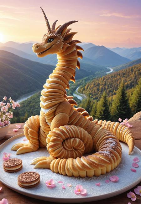 A majestic fantasy creature called the Croissphinx — a dragon-serpent hybrid made of creamy cookies and golden layered pastry — rests peacefully in a radiant valley where the dawn never ends. Its long, coiled body is made of creamy cookies, shaped like croissant dough dusted with powdered sugar, with almond-cookie wings gently extended and glowing in soft pastel light. Its eyes shimmer like pools of melted honey, and its whiskers are strands of caramel silk. The magical valley glows in delicate warm tones: hills made of sponge cake, rivers of warm milk, and trees blooming with sugar petals. Rays of soft sunrise pour over the scene, casting a gentle golden glow across the whimsical fantasy world. Ultra-detailed, pastel palette, masterpiece, best quality, cinematic light, highly aesthetic, dreamlike, absurdres, no humans, fantasy environment, magical illumination, soft light fantasy landscape.
