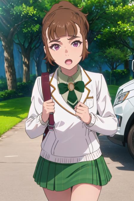 best quality, masterpiece, highres, solo, {saotome_ichina_birdiewinggolfgirlsstory:1.15}, brown_hair, short_hair, ponytail, bangs, open_mouth, brown_eyes, 1girl, looking_at_viewer, purple_eyes, school_uniform, bow, skirt, green_skirt