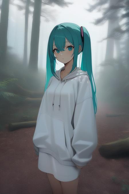 liminal space, 1girl, hatsune miku, looking at viewer, expressionless, aqua eyes, forest, tree, outdoors, fog, masterpiece, best quality