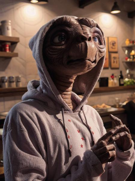 <lyco:ET_v1.4:0.8> ET, wearing a hoodie, 4k, sharp, restaurant, bokeh, realistic