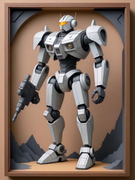 Mech defender, Stacked papercut art, 3D, layered, dimensional, depth, precision cut, stacked layers, papercut, high contrast, alan kenny and camille corot, <lora:more_details:0.8>, <art by mooncryptowow:0.6>,