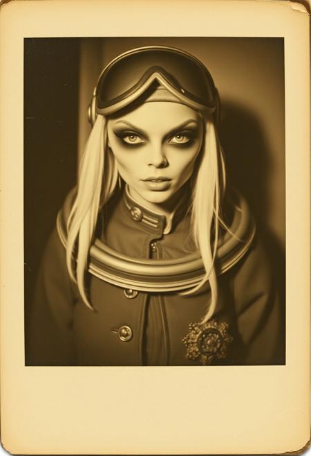a vintage photobooth passport photo of a glamorous female alien from outer space in a military space outfit, analogue, faded photo, creases and scratches, film grain. 
Monochrome, black and white, sepia. Rembrandt, shadow, low key Lighting style, Polaroid,  film photography,  film grain,  film particles,  grainy, flash photography,  analog photography