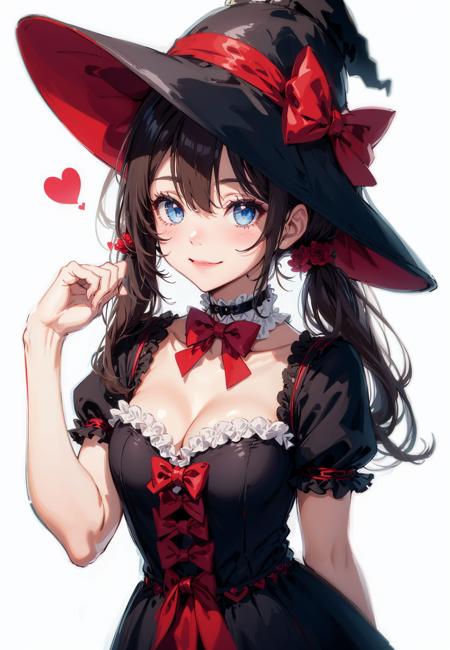 1girl, solo, hat, witch hat, blue eyes, twintails, brown hair, looking at viewer, long hair, heart, upper body, choker, bow, flower, witch, breasts, dress, bangs, bowtie, red bow, puffy sleeves, white flower, blush, closed mouth, hair between eyes, red bowtie, red choker, medium breasts, white background, smile, simple background, short sleeves, hair ornament, hand up, pink flower, black headwear, cleavage, rose