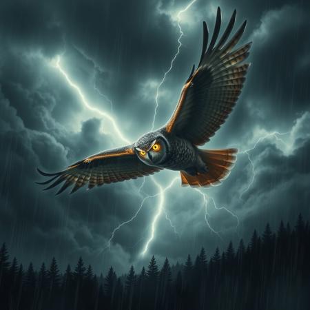 An intense scene of an owl with glowing eyes soaring through a stormy sky, lightning illuminating its wings as it watches over a dark forest below, embodying a sense of strength, wisdom, and control over nature, surrounded by swirling clouds and rain, dark and powerful.