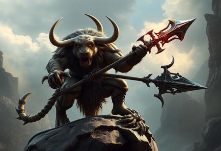 Create a highly detailed, hyper-realistic  of a minotaur from Path of Exile, half tiger, in an action pose on a Dimensionhole, with a giant weapon. Incorporate elements of the Lord of the Rings minotaur and the character Lobo. The image should be rendered in 8K, with cinematic lighting, and have a smooth, sharp focus. Style inspirations include Makoto Shinkai, Syd Meade, Simon Stalenhag, Ruan Jia, and Kentaro Miura.
