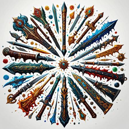 Finely detailed vector illustration. assortment of legendary weapons, ultra realistic quality,circle symbols,white background, oil painting, hyperdetailed, intricately detailed,  triadic colors,fantastical,intricate detail,splash screen,complementary colors, fantasy concept art, 8k resolution, masterpiece,oil painting,heavy strokes,paint dripping.